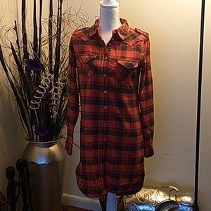 Red plaid flannel long woman shirt